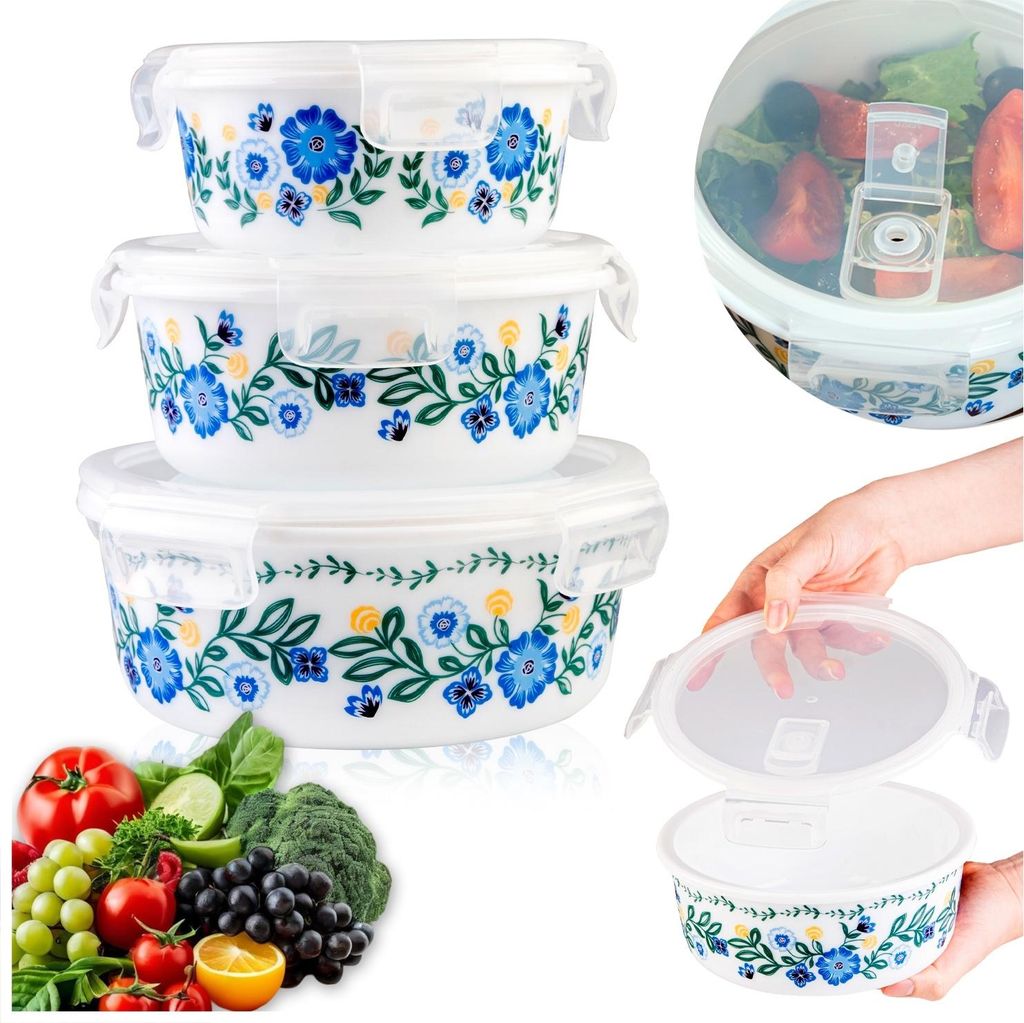 A collage of images showing a set of three glass food containers with floral designs, along with fresh produce.