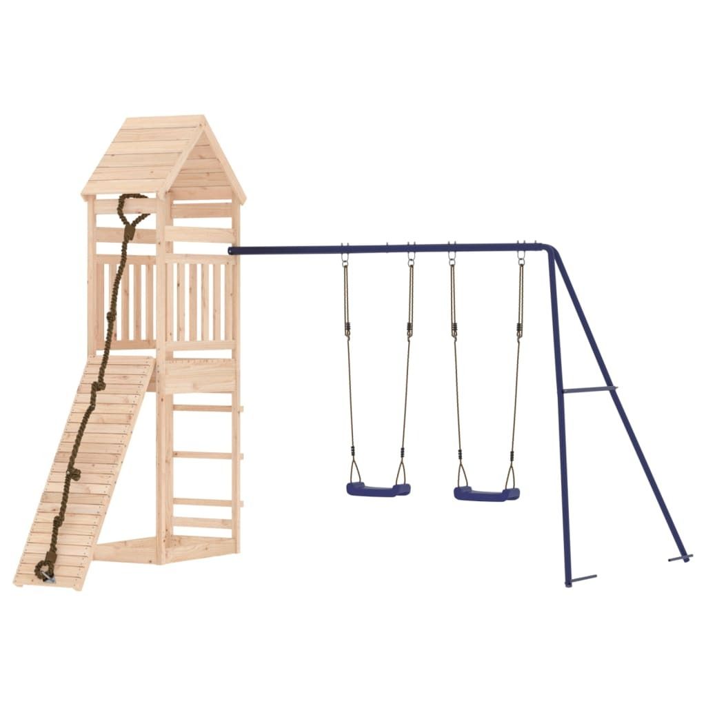 Spielturm mit Doppelschaukel, Kletterwand und Sandkasten, Massivholz Kiefer unbehandelt, 315x257x264 cm, für Kinder 3-8 Jahre, Outdoor