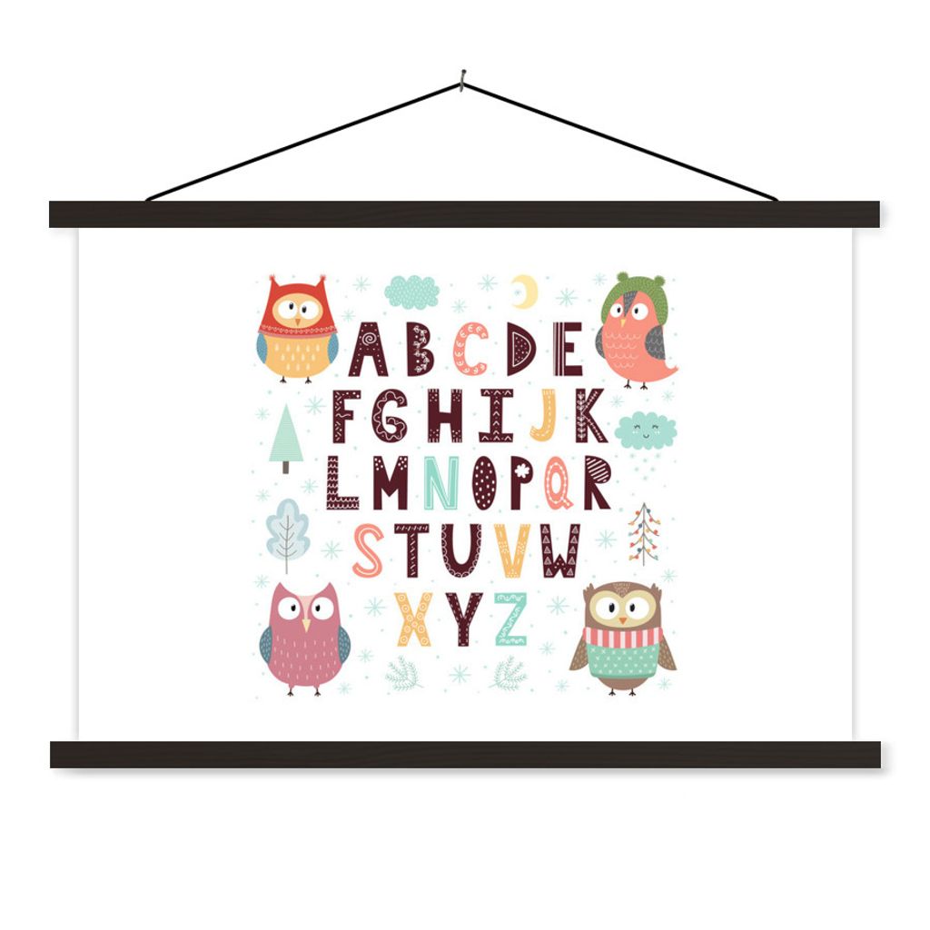 MuchoWow Textilposter Illustration Alphabet mit lustigen Eulen 60x40 cm mit schwarzem Rahmen - Hölzernes