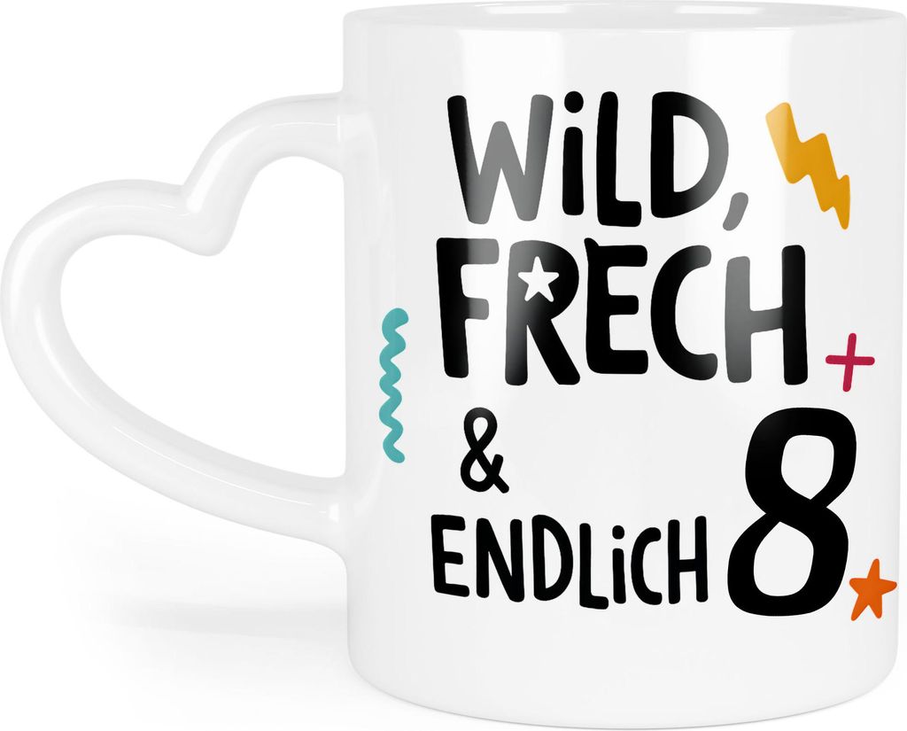 Wild frech und endlich 8 Tasse Herzhenkel Geschenkidee Kindergeburtstag Mädchen Jungen acht Jahre Schulkind