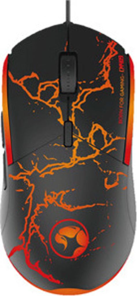 A top-down view of a gaming mouse with an orange and red lightning pattern.