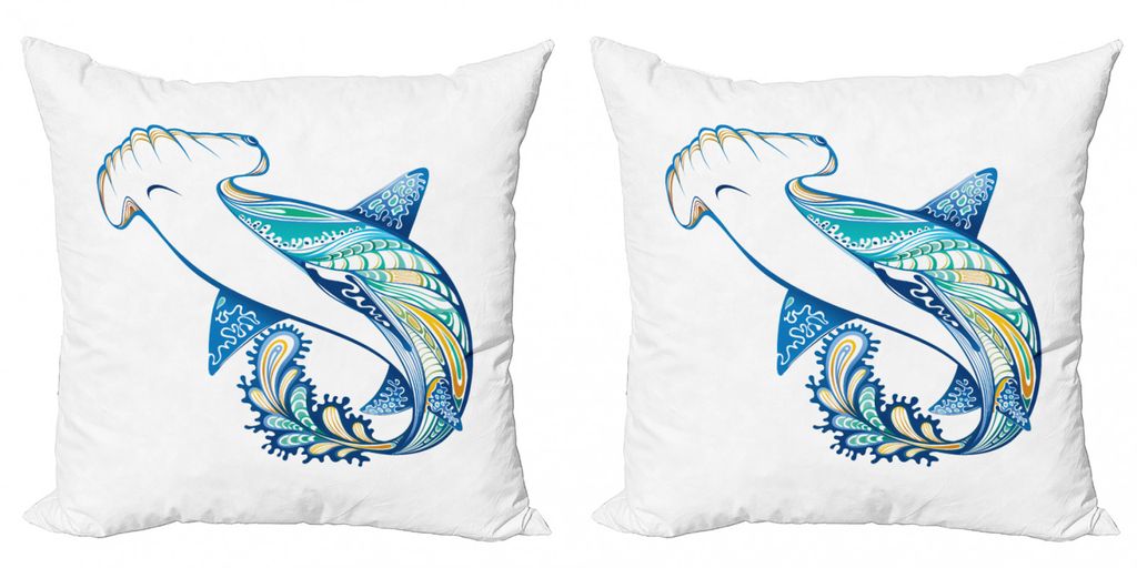 ABAKUHAUS Abstrakt Kissenbezug Set (2Stück), Hammerkopf Haifisch Aufwändiges Unterwassermeer Ozeanisches Leben Tier Thema, 60x60cm, Blau Aqua Weiß