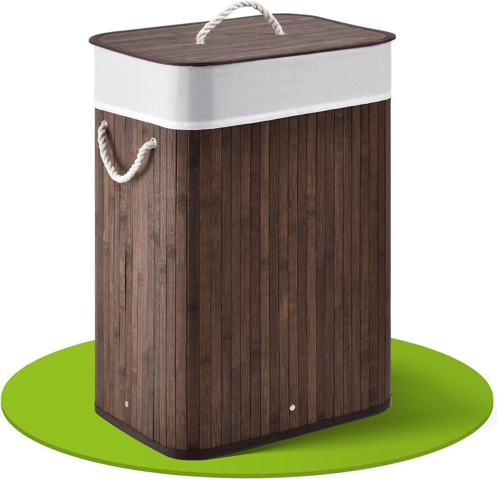Juskys Bambus Wäschekorb Curly 72 Liter mit Wäschesack, Deckel & Griffen - Braun