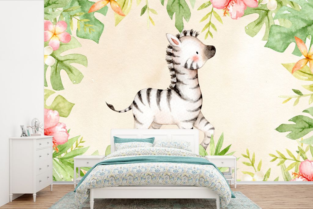 MuchoWow Fototapete für Wohnzimmer oder Schlafzimmer Wandtapete Vinyl Motivtapete Zebra - Dschungel - Aquarell - 420x280 cm - Zimmer für Kinder