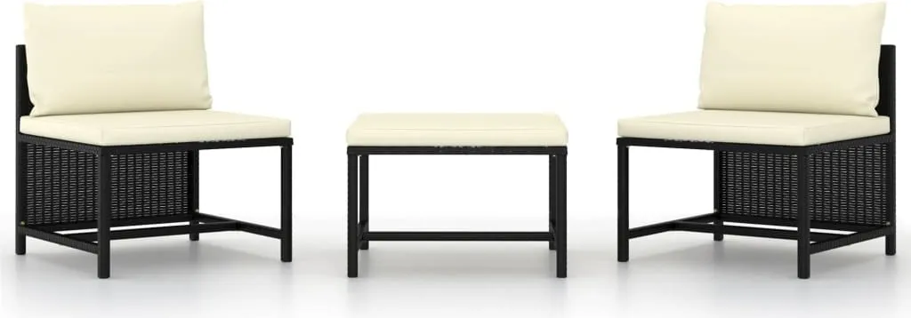 The Living Store Set di divani da giardino a 3 pezzi con cuscini in poly rattan nero