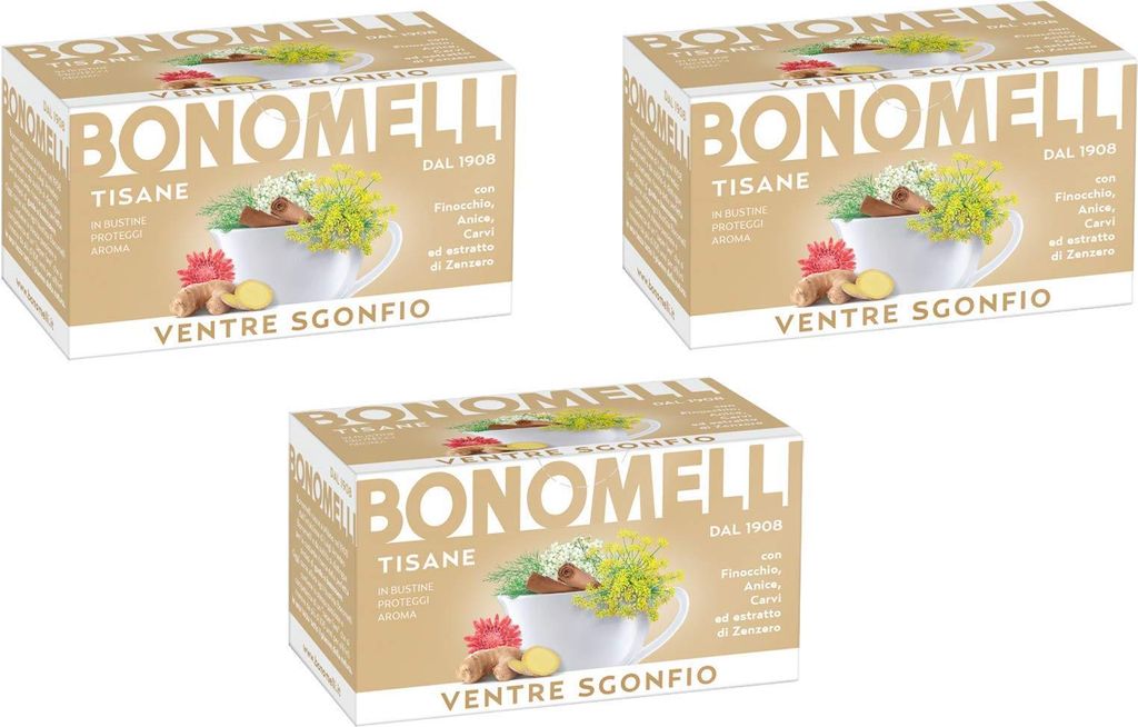 3x Bonomelli Tisane Ventre Sgonfio Um das Gefühl der Schwellung zu reduzieren mit Fenchel, Anis und Ingwerextrakt 100% natürlicher 16 Filter