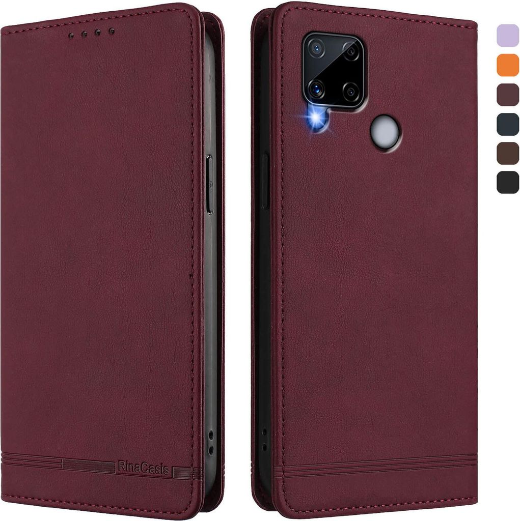 Hülle für Realme C25, Retro Kunstleder Ständer Klapphülle mit Kartenfächer und Magnetische Rot