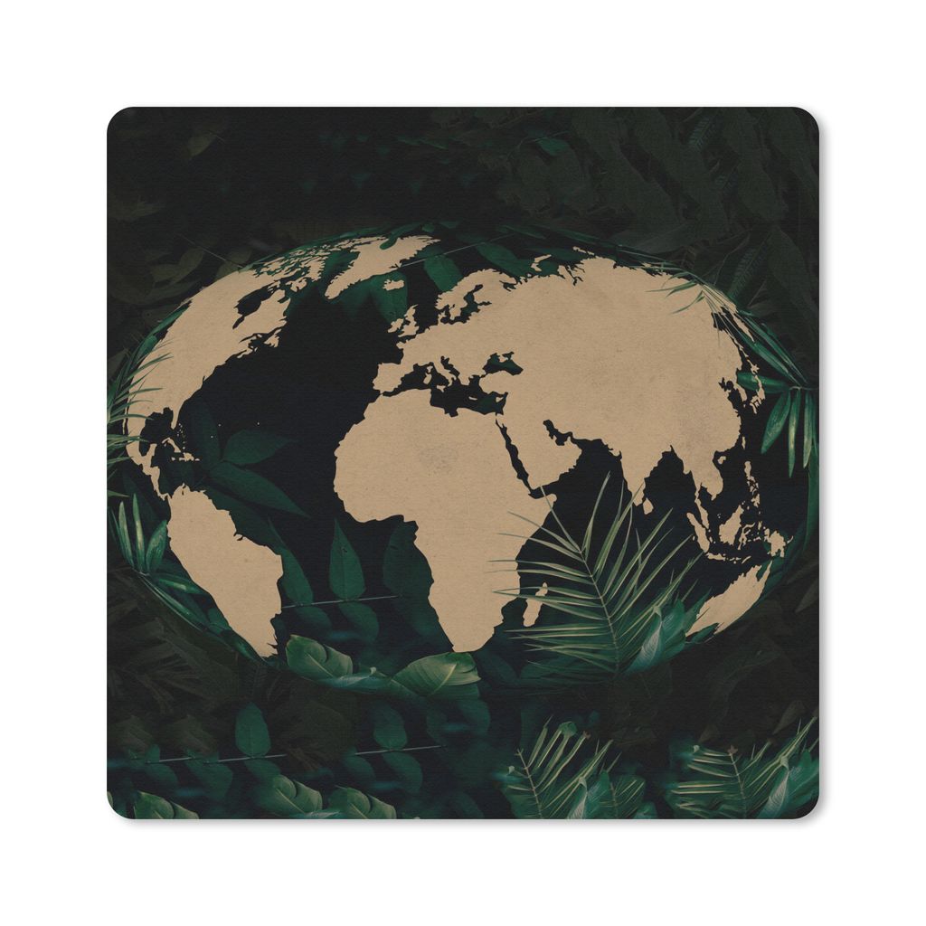MuchoWow Mauspad Mousepad Weltkarte - Globus - Tropische Pflanzen 20x20 cm - Mousepads - Maus Mat - Pad - Mausunterlage - Desk Mat - Bureauartikeln