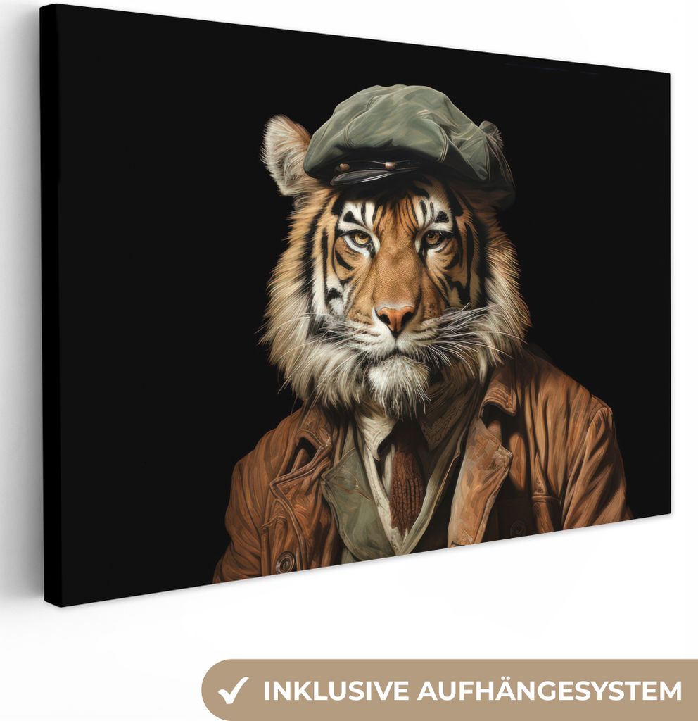 MuchoWow - Leinwandbilder - Tiger - Porträt - Schwarz - Tier - Braun, Wandbild, Wanddeko Bilder Wohnzimmer, 30x20 cm