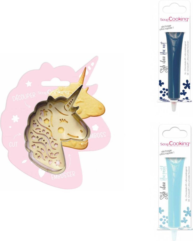 Einhorn-Relief-Plätzchen-Set + 2 mitternachtsblaue und pastellblaue Schokoladenstifte