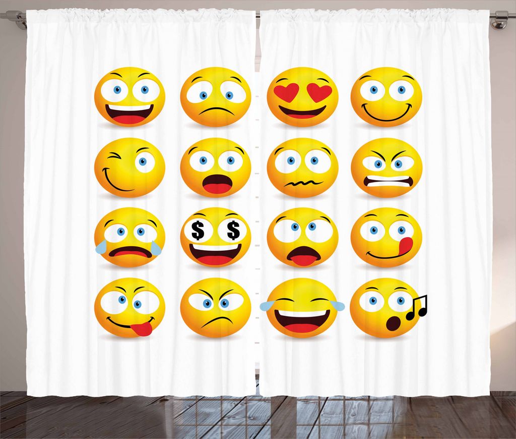 ABAKUHAUS emoji Rustikaler Vorhang, Smiling Faces Zusammensetzung, Wohnzimmer Universalband Gardinen mit Schlaufen und Haken, 280 x 245 cm, Mehrfarbig