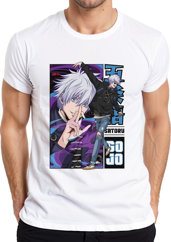 Satoru Gojo Jujutsu Kaisen weißes Haar Haar blaue Augen Fan Herren T-Shirt, Weiß, L