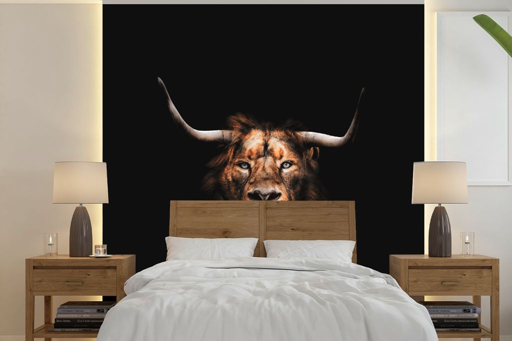 MuchoWow Fototapete für Wohnzimmer oder Schlafzimmer Wandtapete Vinyl Motivtapete Löwe - Tiere - Schottischer Highlander - 220x220 cm - Tapeten