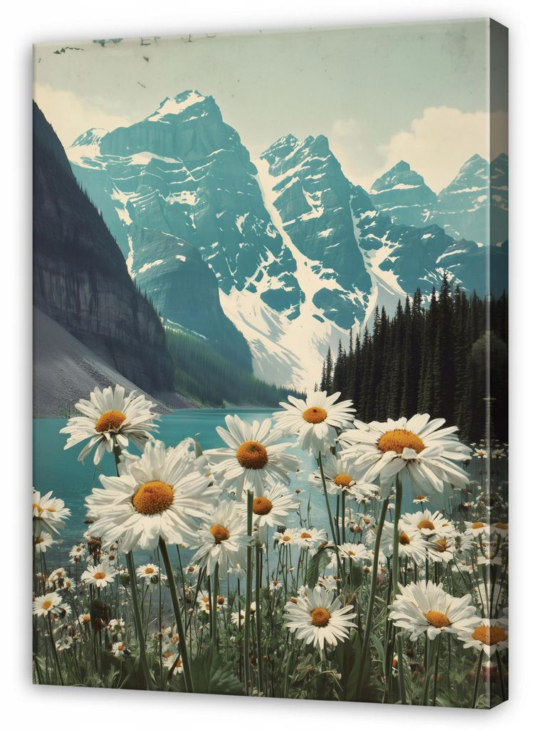 Leinwandbild Gebirge Blumen Landschaft - 40x60 cm - Wandbilder Wohnzimmer Schlafzimmer - Leinwand Leinwandbild Grün - SPP16476O4