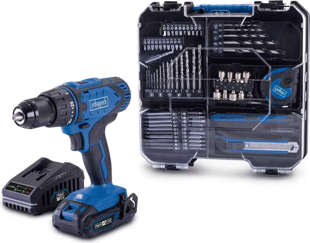 Atelier mobile avec perceuse visseuse 20V Scheppach et kit d'accessoires