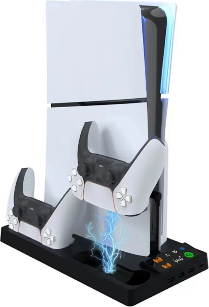 Base Raffreddamento PS5 Slim Multifunzione: Ricarica e Protezione Nera