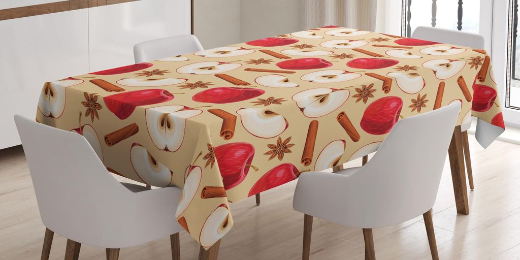 ABAKUHAUS Apfel Tischdecke, Geviertelte und halbierte Äpfel mit Zimtstangen und Sternanis-Diät-Rezept, 140 x 200 cm, Beige Cinnamon Red
