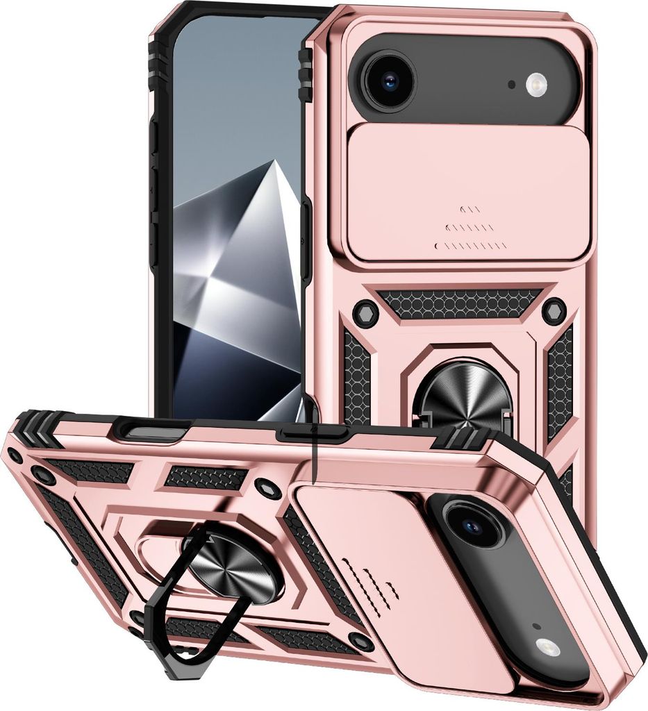 Hülle für iPhone Air mit Schiebe Kamera Schutz und Ringhalter Ständer Hybrid Schutzhülle Rosa