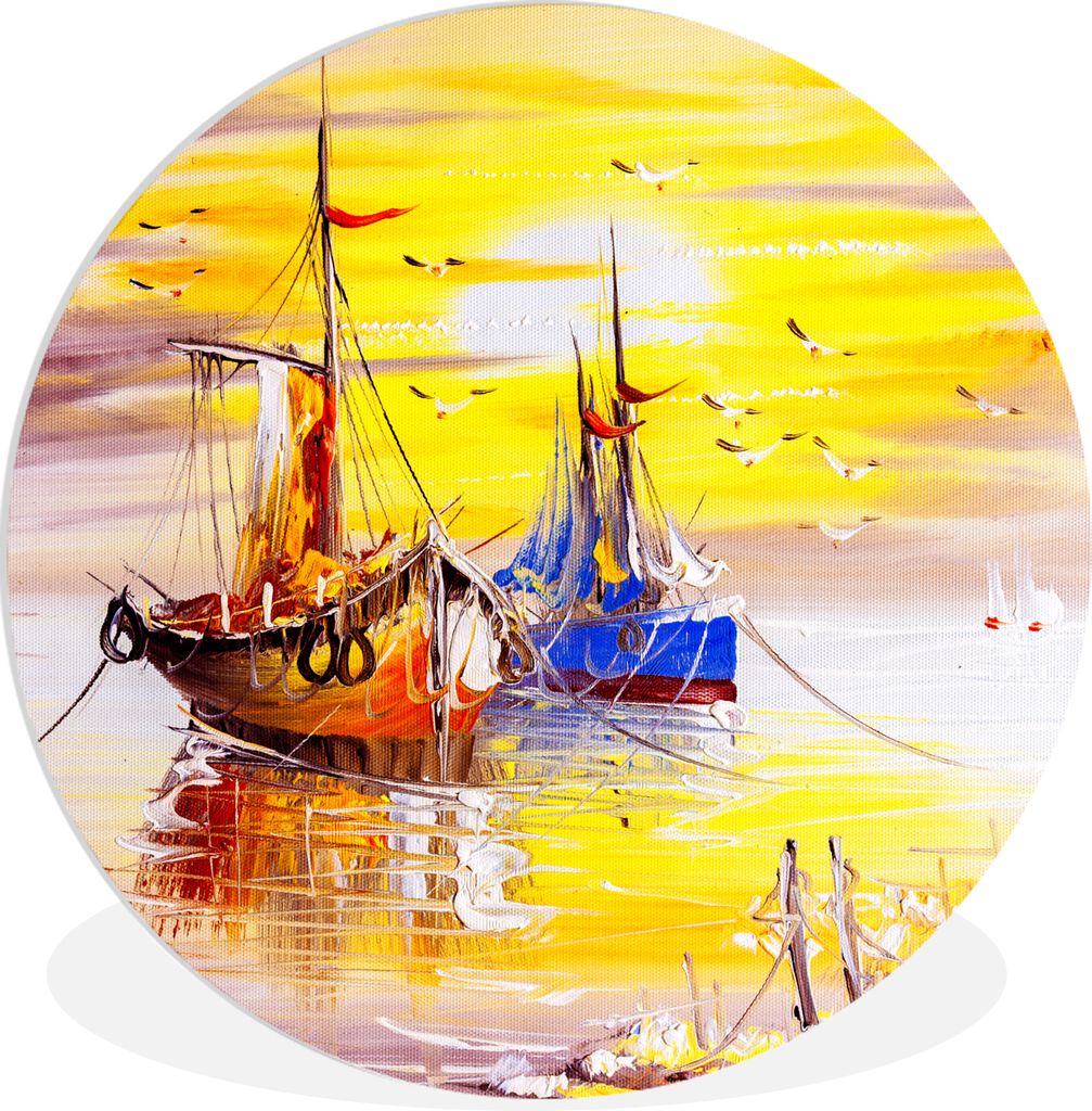 MuchoWow Rundes Wandbild - Runde Bilder Malerei - Boot - Wasser - Ölfarbe Ø 90 cm Kreis Wanddekoration Kunststoff - Wandkreis - Wandschmuck - W...