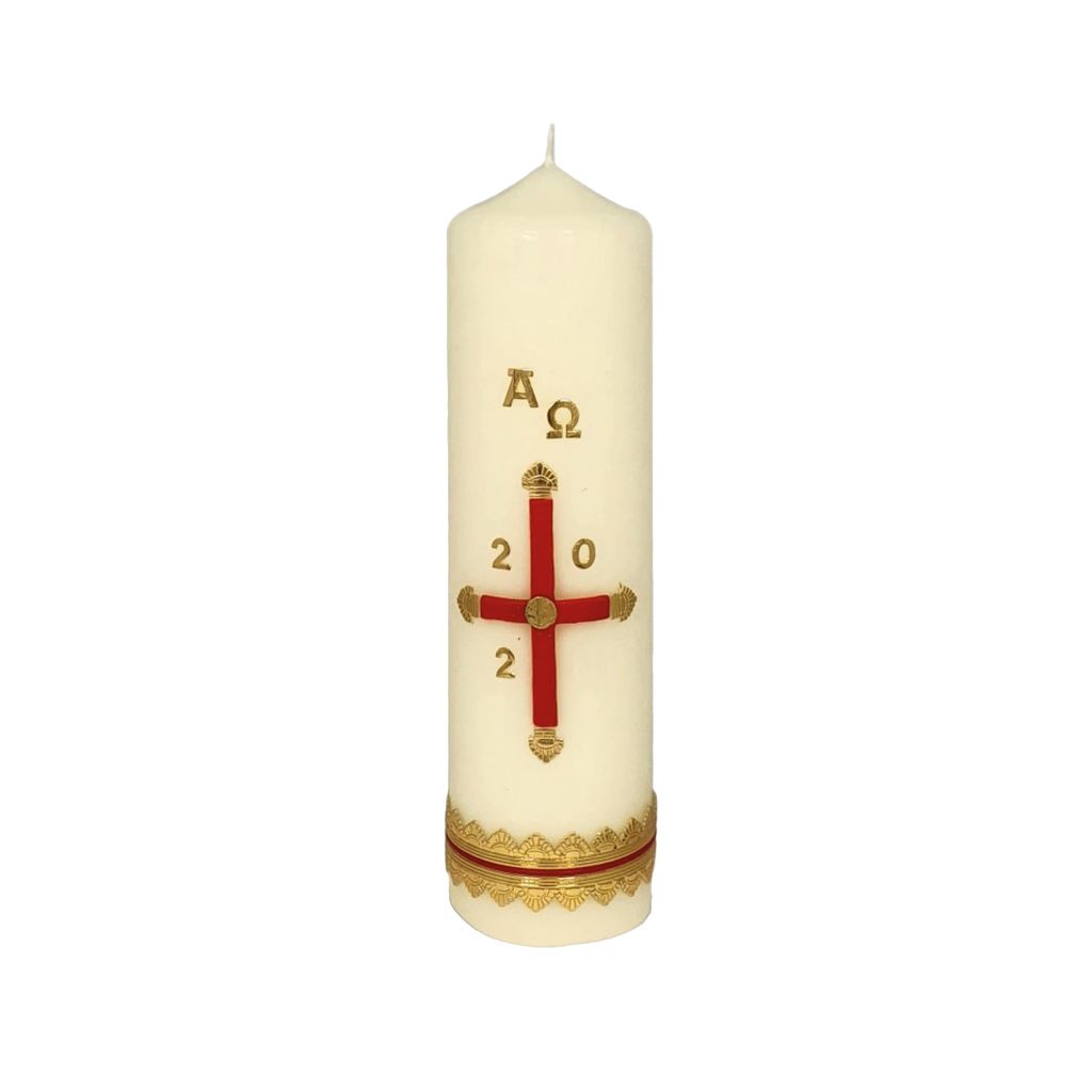 Osterkerze Kreuz rot, Abschlussband gold/rot, A und O, Jahreszahl 220 x Ø 60 mm
