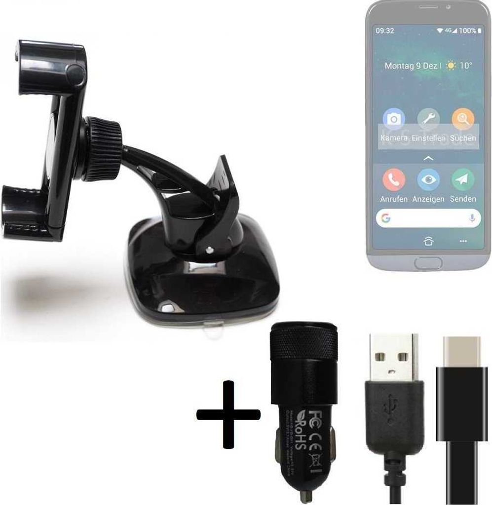 K-S-Trade Handy-Halterung kompatibel mit Doro 8050 Windschutzscheibe / Armaturenbrett + LADEGERÄT mit Mico USB Kabel Autohalterung Scheiben-Halterung