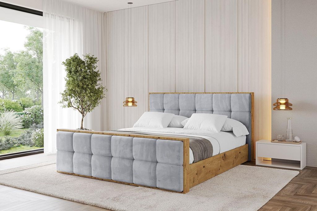 ALTDECOR Polsterbett mit Bettkasten - ENZO7-Z - 140x200 Hellgrau- Bett mit Kopfteil und Fußteil, Boxbett ohne Matratze, Doppelbett mit Stauraum