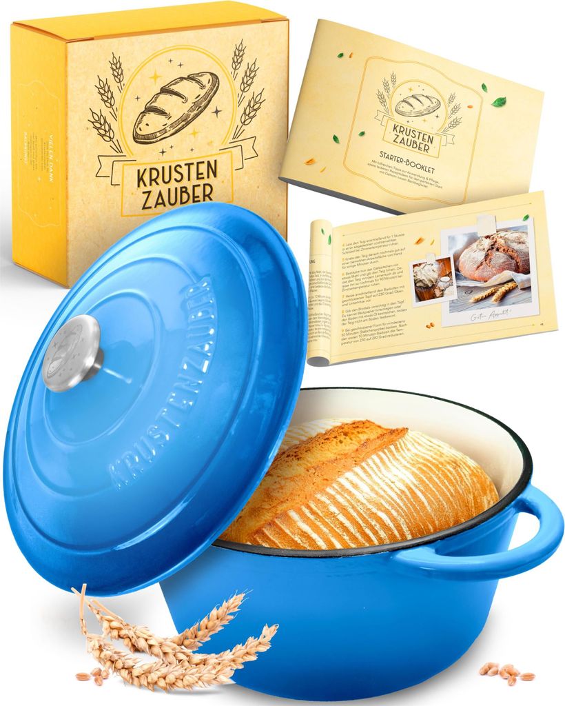 KRUSTENZAUBER Gusseisen Topf als Schmortopf mit Deckel - 26cm Emaille Topf als Gusseisen Bräter oder Brotbacktopf - Backofengeeigneter Dutch oven