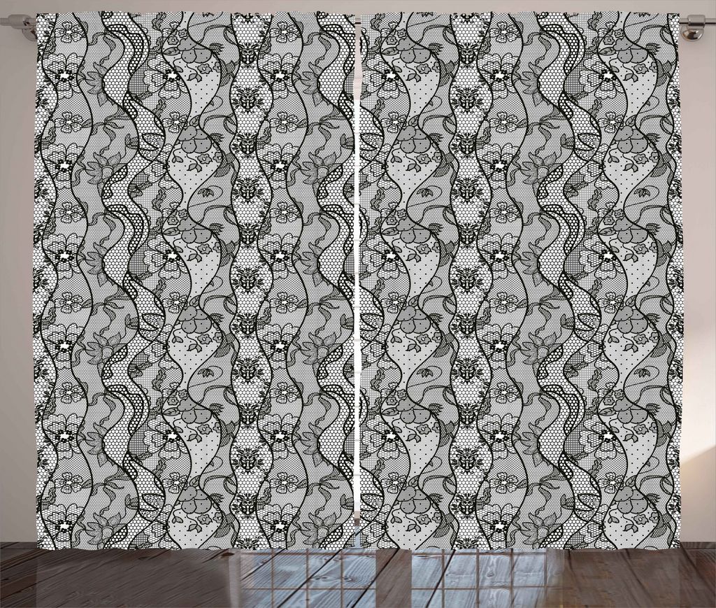 ABAKUHAUS Antiquität Rustikaler Gardine, Lace Gothic-Muster, Schlafzimmer Kräuselband Vorhang mit Schlaufen und Haken, 280 x 175 cm, Grau schwarz