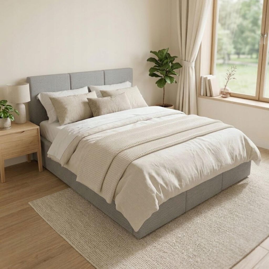 Komvortowy | Polsterbett 160x200 Cm | VELIS CORD | Doppelbett Mit Metall-Lattenrost & Gasdruckfeder | HELLGRAU | Bettkasten Ohne Bodenplatte | Stau...