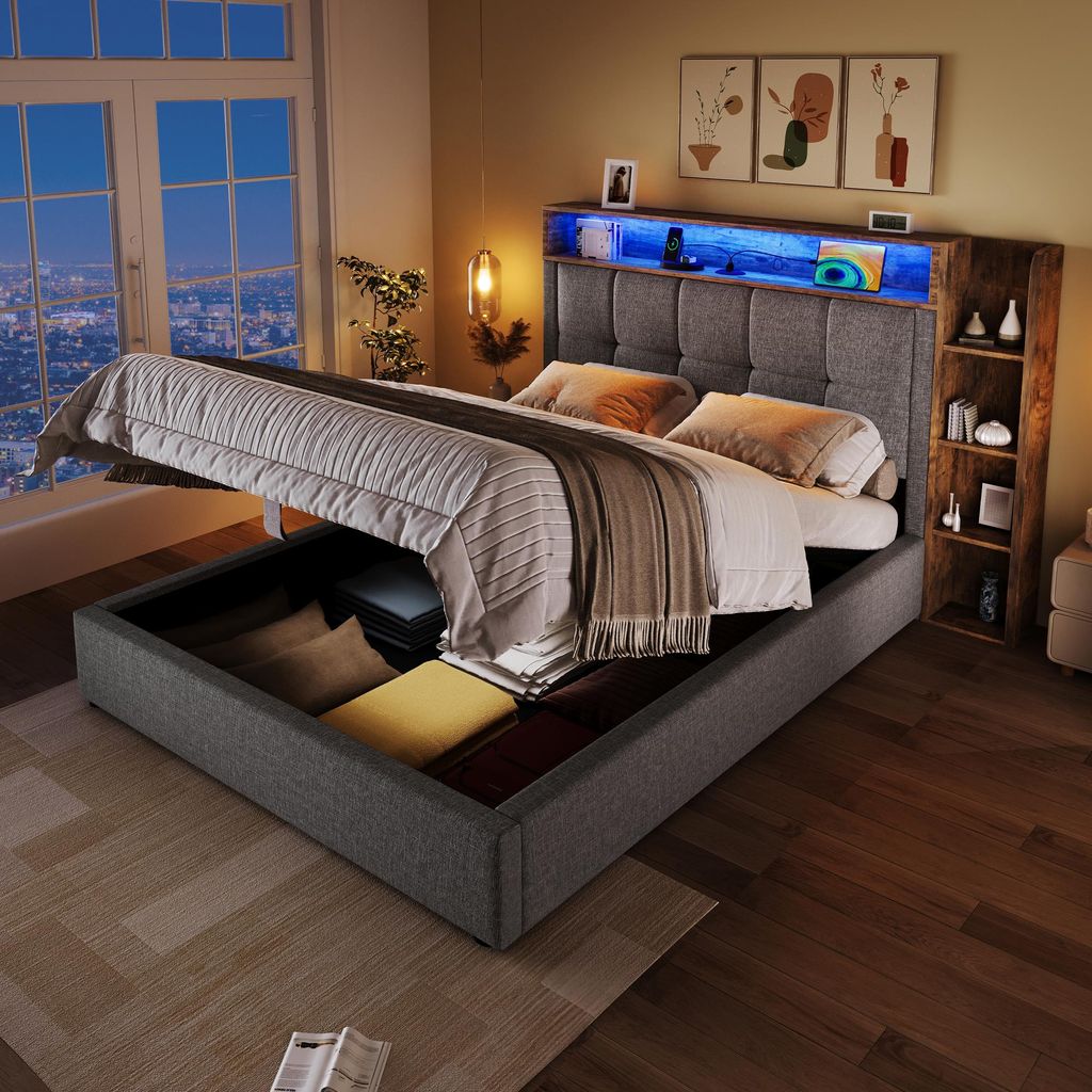 Polsterbett 90x200 cm mit LED & USB-C, multifunktionales Stauraumbett mit App-/Tastensteuerung aus Leinen, modernes Einzelbett für Schlafzimmer & ...