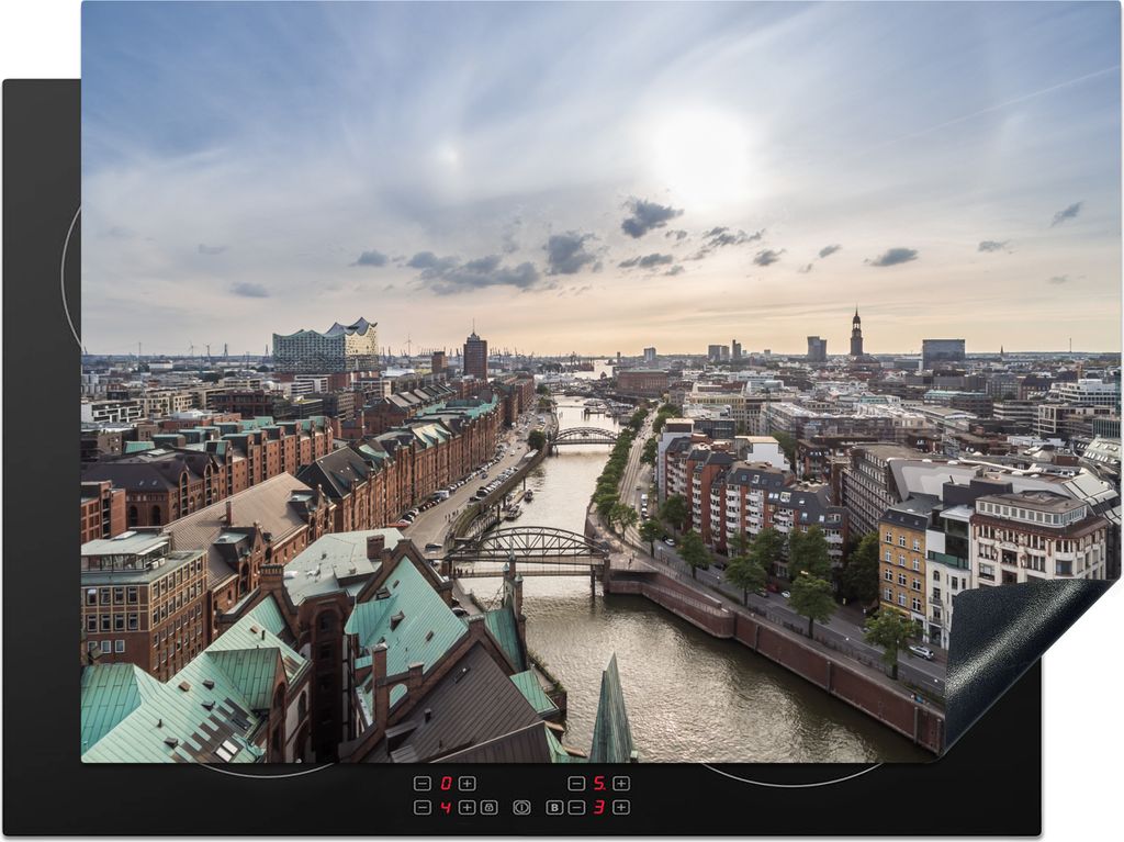 KitchenYeah Herdabdeckplatte Stadt - Brücke - Hamburg , 70x52cm, Küche Deko, Glaskeramikfeld Herdabdeckung, Abdeckplatte fùr Kochfeld