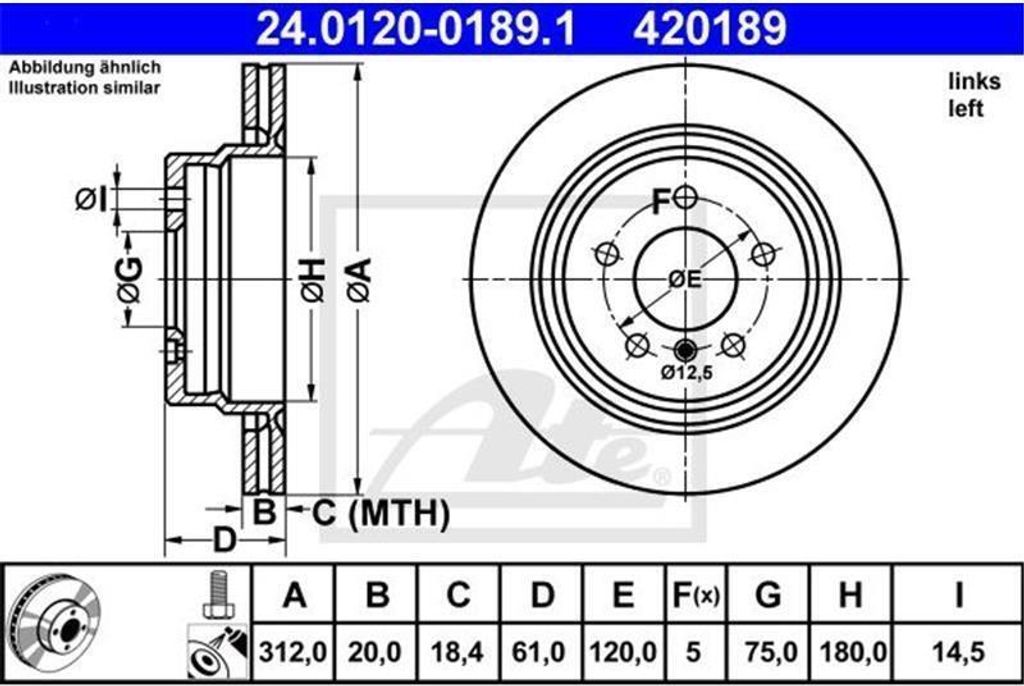 ATE Bremsscheibe Hinterachse links 24.0120-0189.1