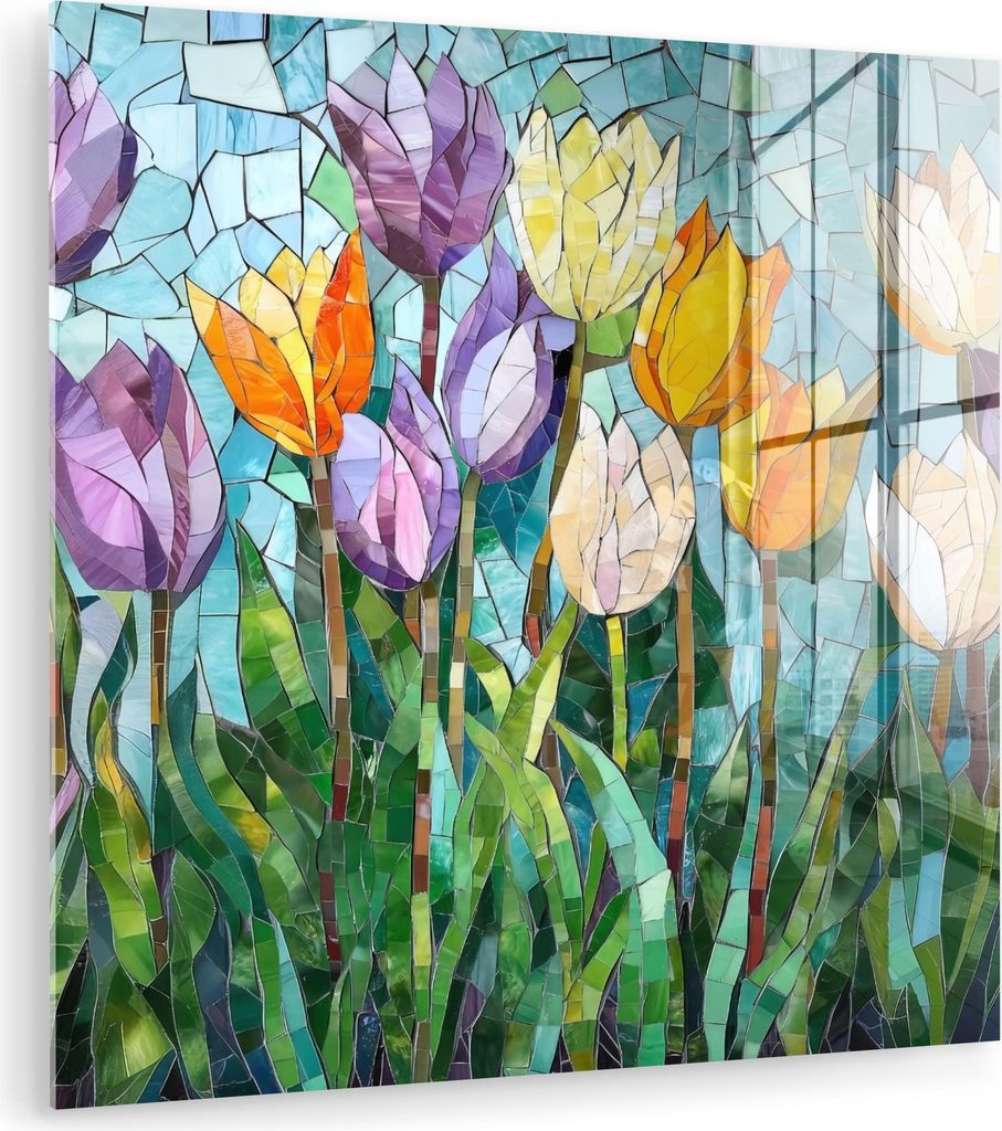 MuchoWow Glasbilder - Bilder auf Wandbild - Foto auf Glas Mosaik - Feld - Tulpen - Farbenfroh 20x20 cm Wanddekoration aus Glas - Acrylglasbild - Ac...
