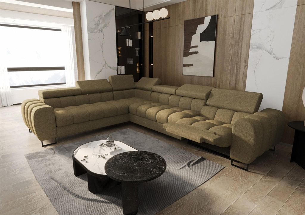 Ecksofa Schlafsofa BASTIEN RELAX in Stoff Aragon Olivgrün Ottomane Links