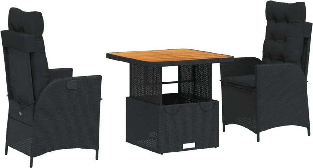 vidaXL 3-tlg. Garten-Essgruppe mit Kissen Schwarz Poly Rattan