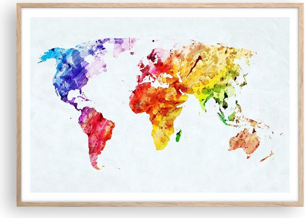Gerahmtes Poster - Rahmen in heller Eiche - Welt Karte Bunt Kontinente - 100x70 cm - Wand Bild - Wanddeko - Wandbilder - Wandposter - Bilderrahmen ...