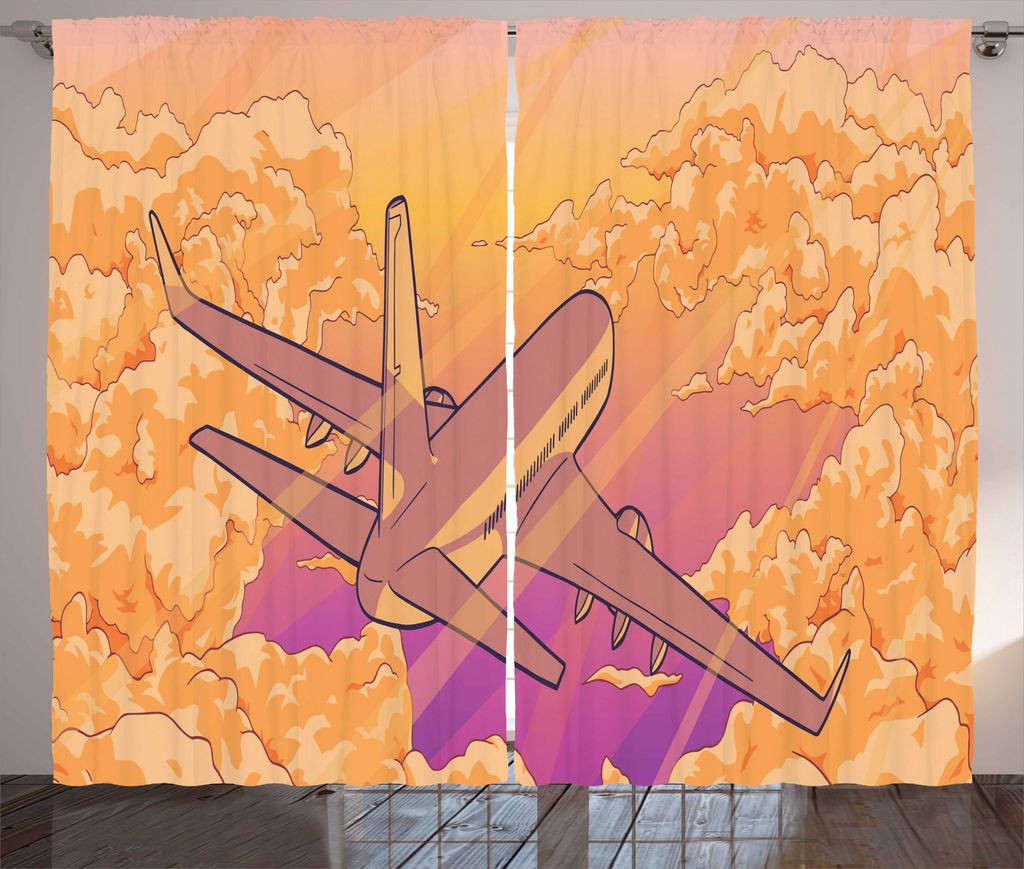 ABAKUHAUS Flugzeug Rustikaler Gardine, Fliegen über Wolken Sonnenuntergang, Wohnzimmer Universalband Gardinen mit Schlaufen und Haken, 280 x 225 c...
