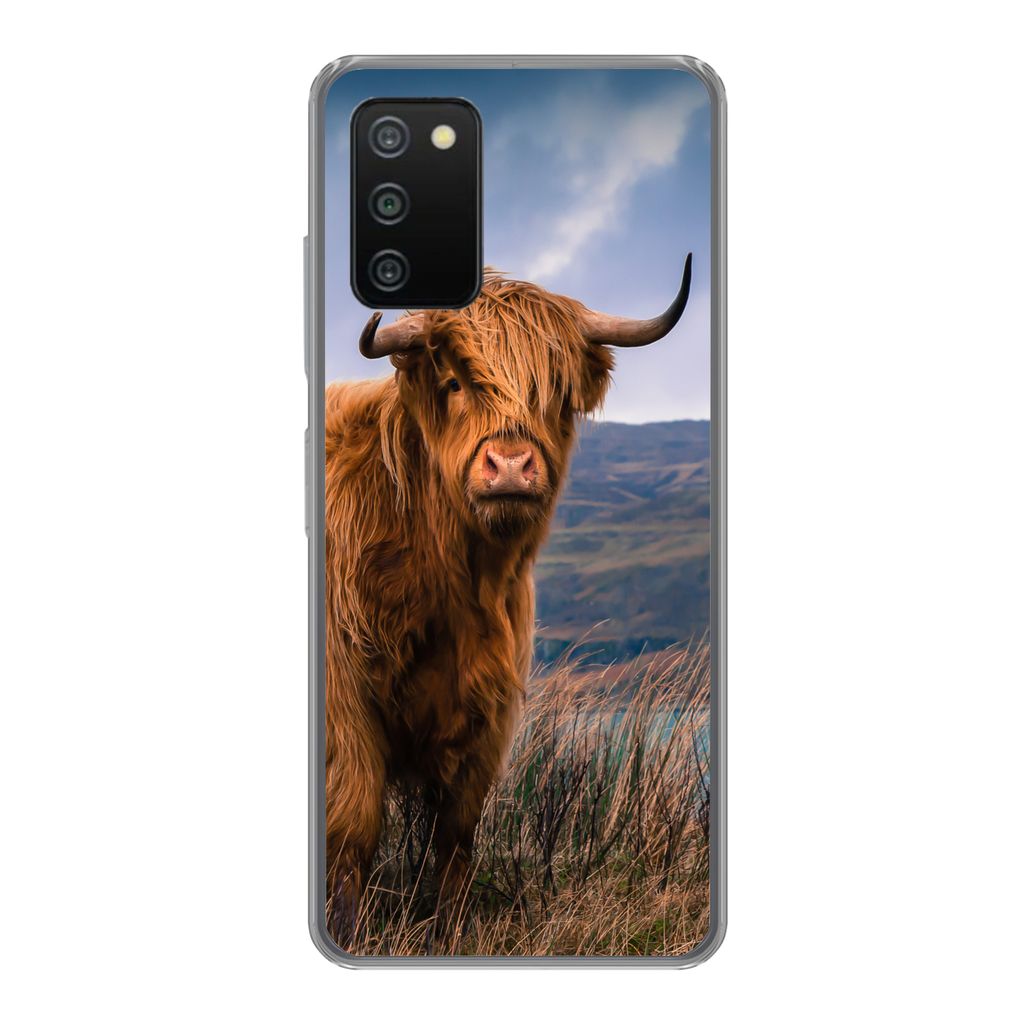 MuchoWow Handyhülle Schutzhülle Hülle für Samsung Galaxy A03s Schottischer Highlander - Berg - Wasser - Natur - Kuh Silikon Softcase Handy H...