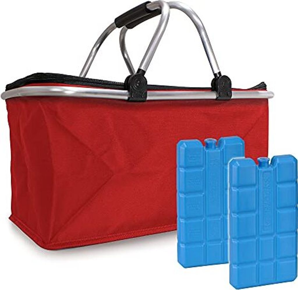 e-Best - Einkaufskorb mit 2 Kühlakkus - Korb mit gepolsterten Tragegriffen - Isolierkorb, Kühltasche, Thermotasche, Kühlbox - faltbar - Rot