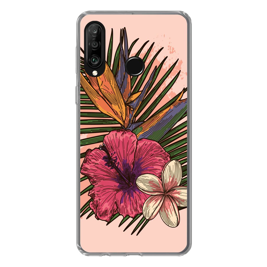 MuchoWow Handyhülle Schutzhülle Hülle für Huawei P30 Lite Blumen - Tropisch - Rosa Silikon Softcase Handy Hülle - Handyhülle