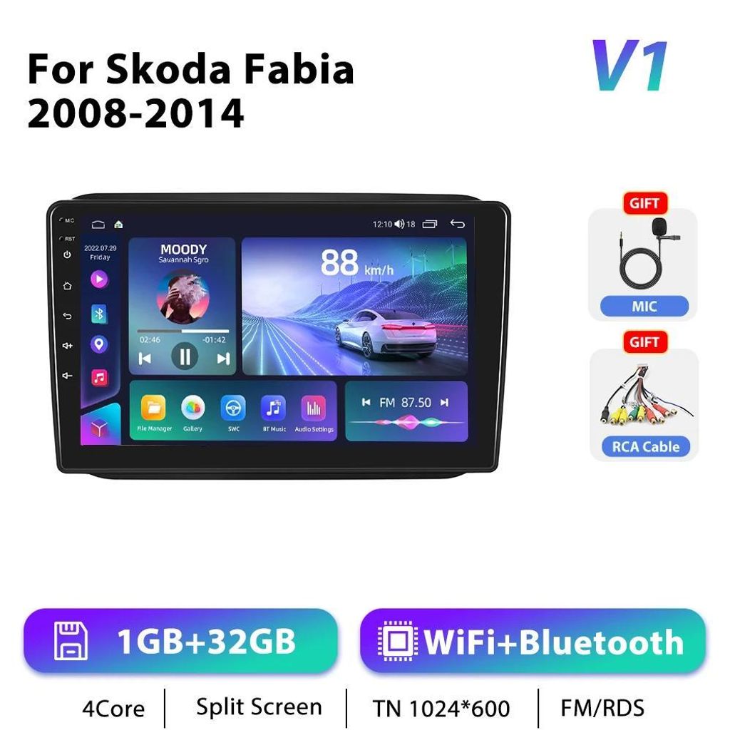 Skoda Fabia 2008–2014 - Android 2-DIN Autoradio - 25,4 cm Touchscreen - GPS Navigation - 6GB+128GB - HD 1280×720 - RDS - 1,5 GHz MTK