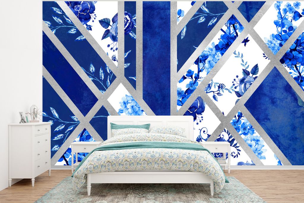 MuchoWow Fototapete für Wohnzimmer oder Schlafzimmer Wandtapete Vinyl Motivtapete Delfter Blau - Design - Abstrakt - 400x300 cm - Papiertapeten