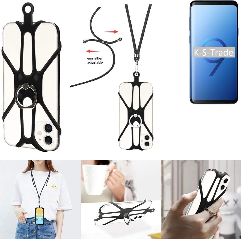 K-S-Trade 3in1 Handykette Handyband Handykordel Halsband Smartphone-Ring Handy-Ring kompatibel mit Samsung Galaxy S9+ Duos Fingerhalterung Handyring