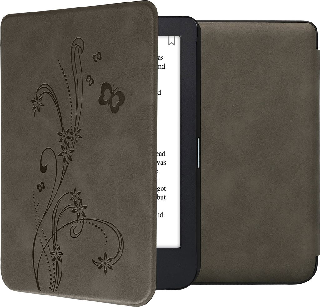 kwmobile Schutzhülle für Kobo Clara 2E / Tolino Shine 4 Hülle - eReader Case aus Kunstleder mit Auto Sleep Funktion - Ranken Schmetterling mit Grau