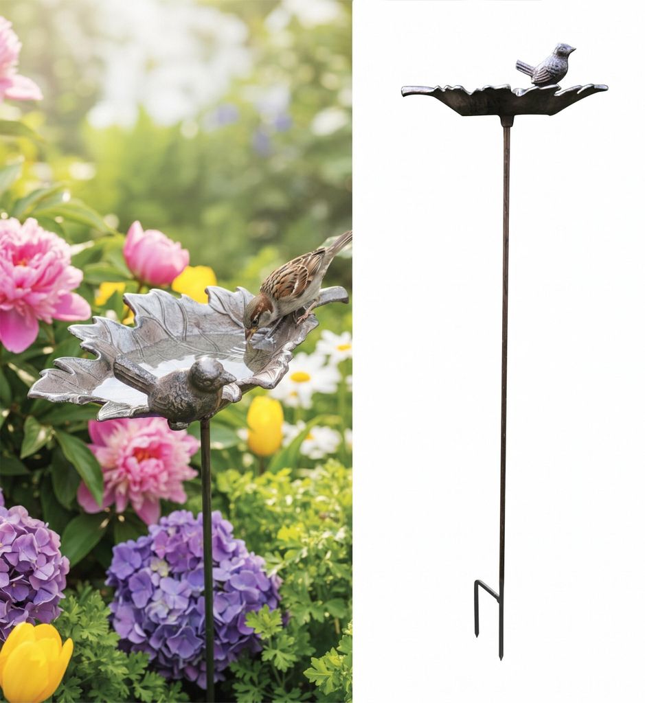 Relaxdays Vogeltränke, HxBxT: 93 x 22,5 x 14 cm, Gusseisen, stehend, Futter- & Wasserschale für Vögel, Blattform, braun