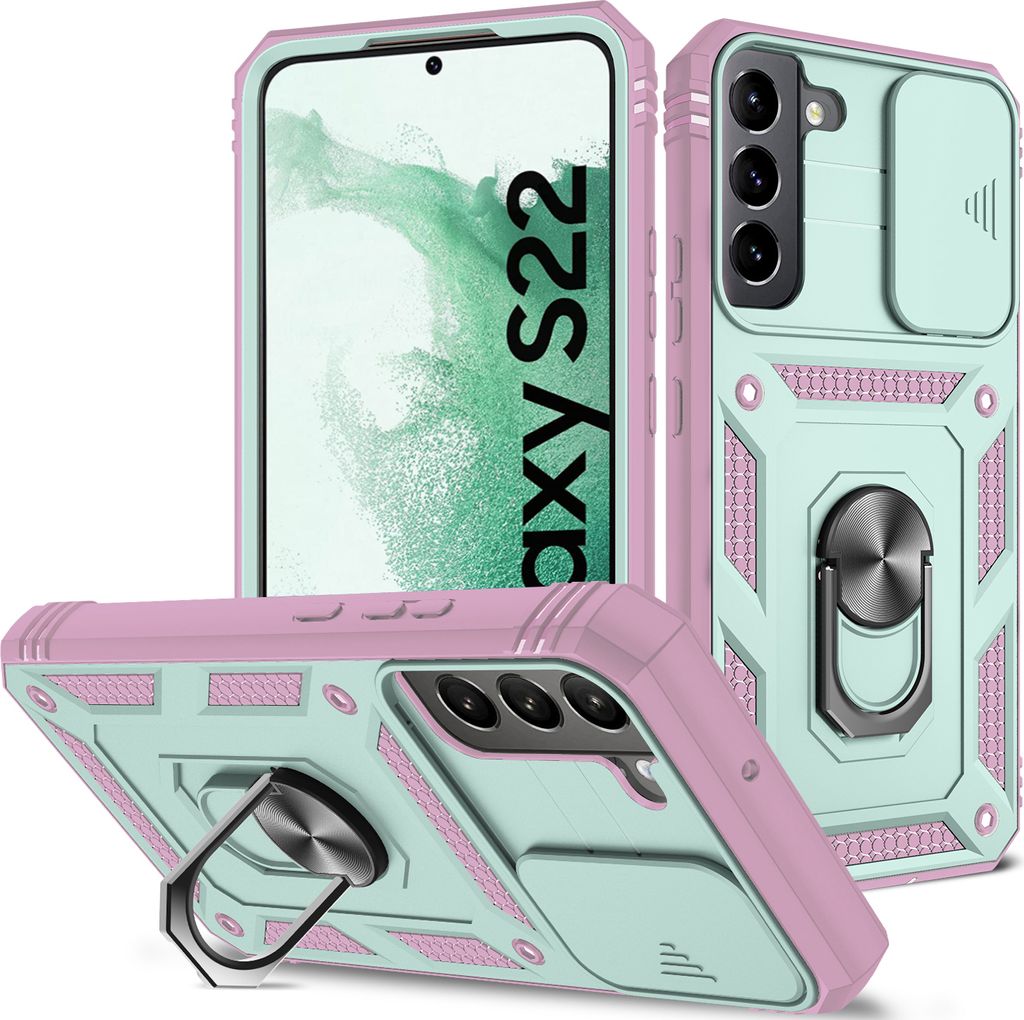 Galaxy S22 5G Hülle, Schiebe Kamera Schutz Robust Rüstung Stoßfest Schutzhülle mit Ringhalterung Ständer Kartenhalter für Samsung Galaxy S22 ...