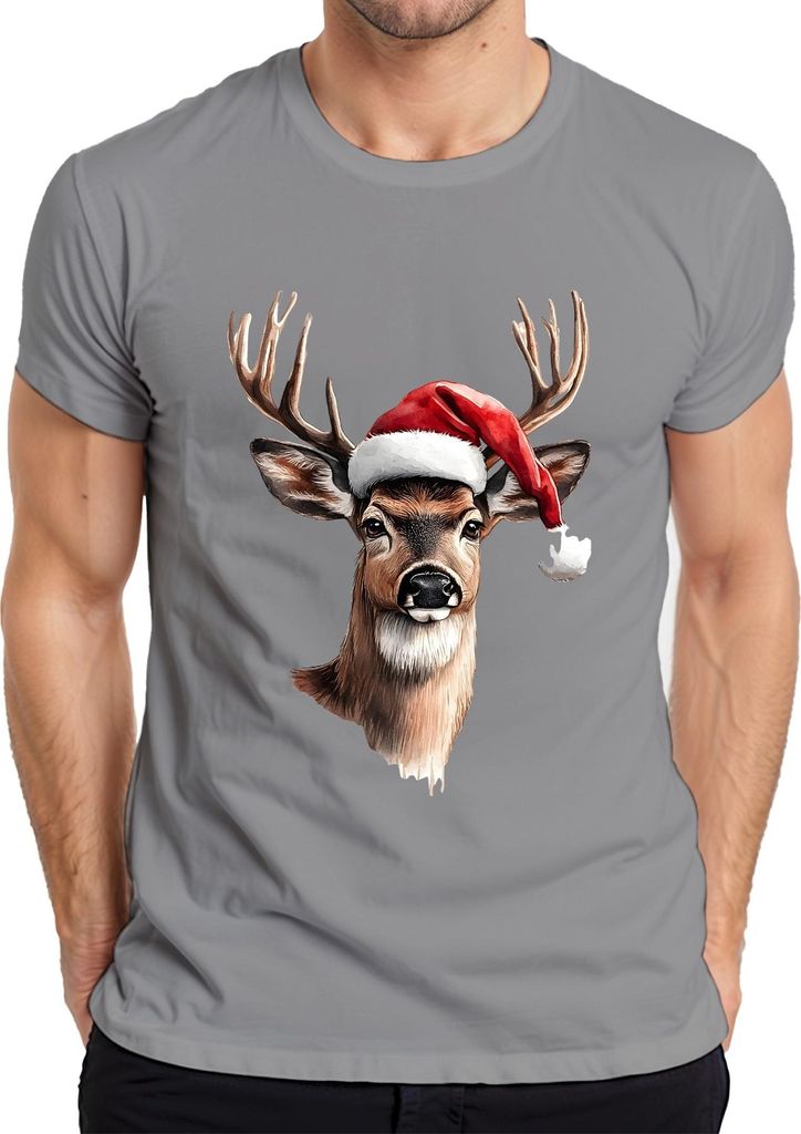 Rentier Hirsch Geweih Santa Hut Weihnachten Geschenk Vintage Herren T-Shirt, Grau, 3XL