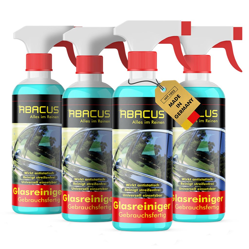 ABACUS Glasreiniger, Glas Reiniger, Scheiben-Reiniger, Reinigungsspray Glas, Glas Reinigung – für Glas, Auto-Scheiben, Spiegel 4 x 300ml