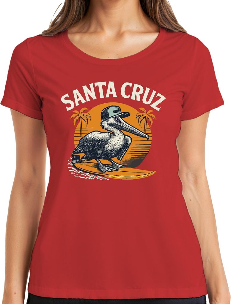Santa Cruz Pelikan Surfer Sonnenuntergang Palmen Küste Vintage Damen T-Shirt, Rot, S