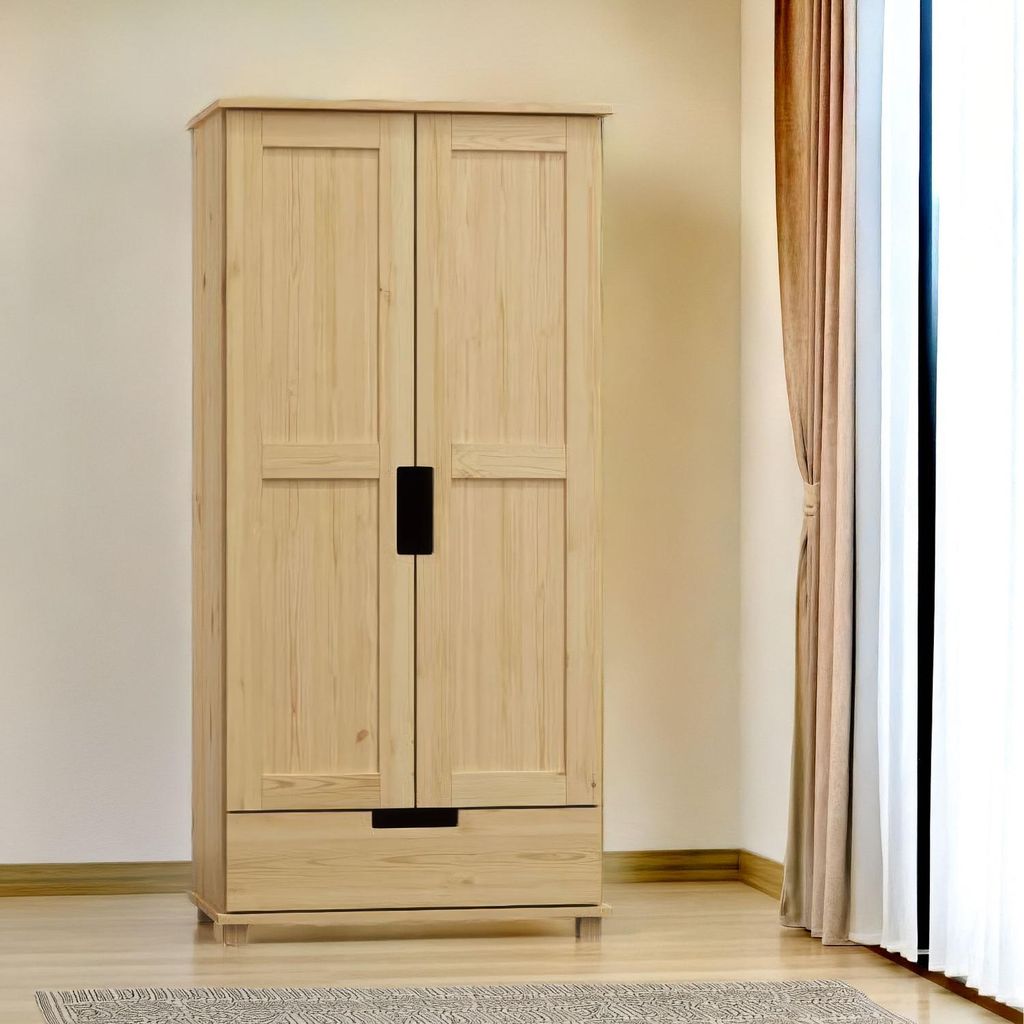 Kleiderschrank | 2 Drehtüren | 1 Schublade | 4 Fächer | mit Kleiderstange | 90 cm breit | Massivholz | Farbe: Natur